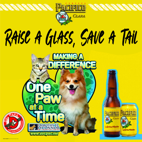 A dog and a cat are featured next to a bottle and can of Pacifico Beer. Organization logos are included for Del Papa Distributing and Dorothy H. O'Connor Pet Adoption Center.
